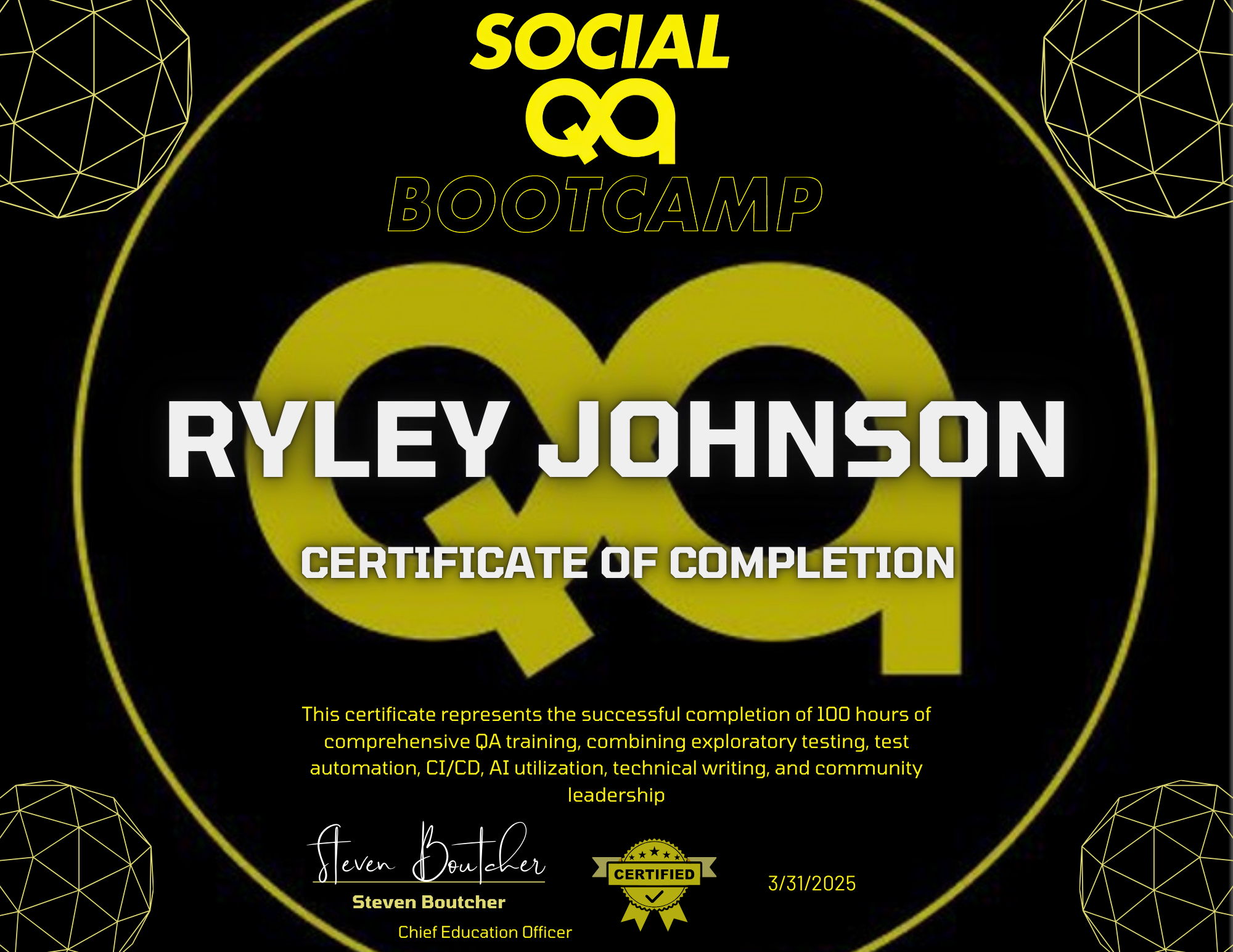 Ryley Johnson's Social QA Bootcamp Certificate