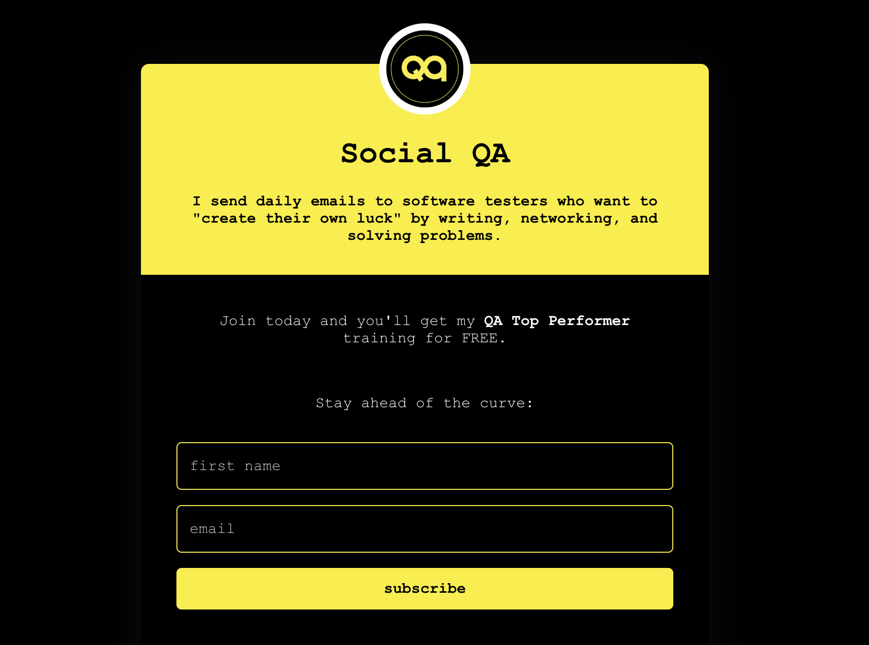 Social QA newsletter landing page