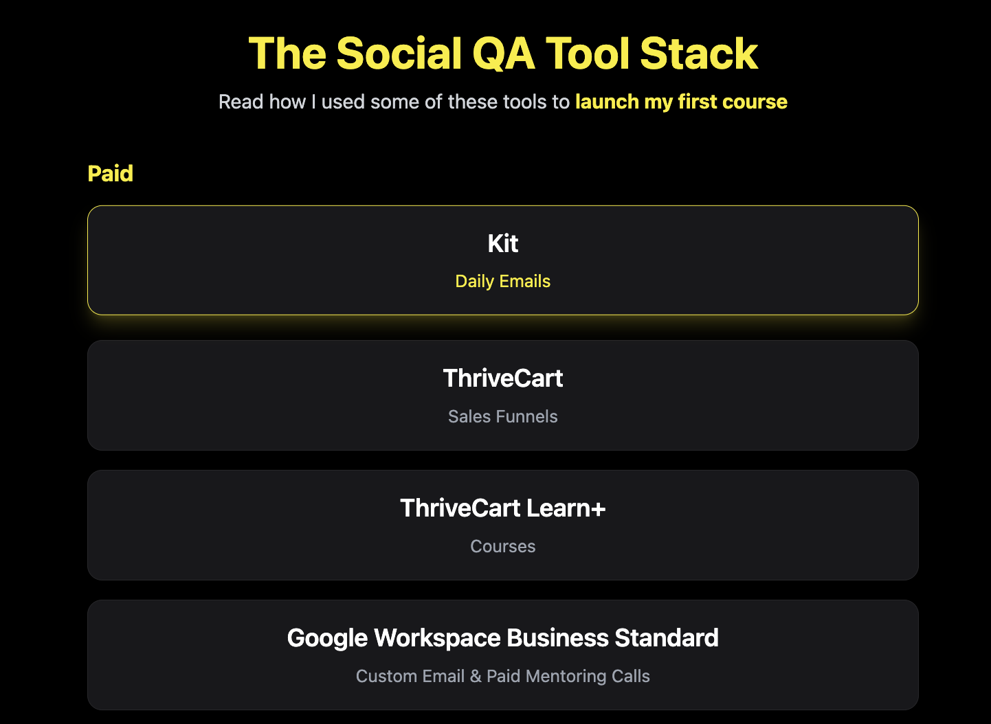 My business tool stack webpage preview